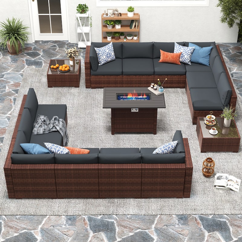 15 Piece Wicker Set Patio Sofa Furniture with Fire Pit And Table