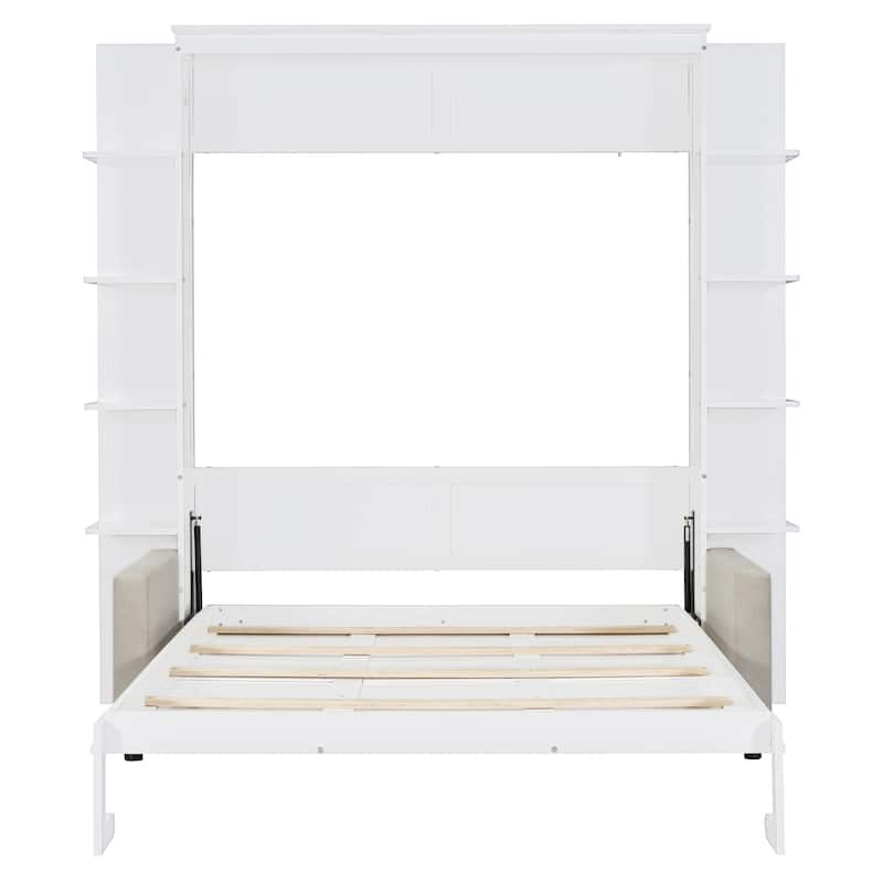 Queen Size Murphy Bed with Sofa, LED Lights & Shelves