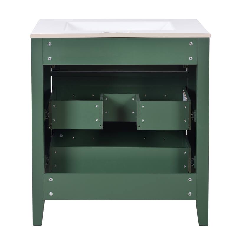 Roomfitters 30" Vanity with Ceramic Sink, Solid Wood Cabinet with 3 Drawers, Freestanding Bathroom Storage Unit