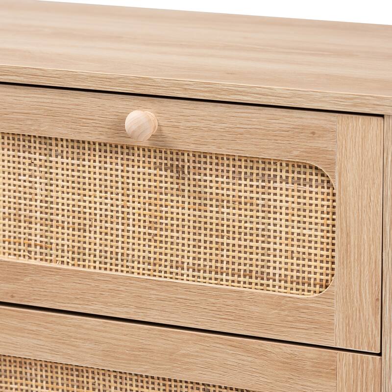 Elsbeth Mid-Century Modern Oak Brown Finished Wood and Natural Rattan 5-Drawer Storage Cabinet