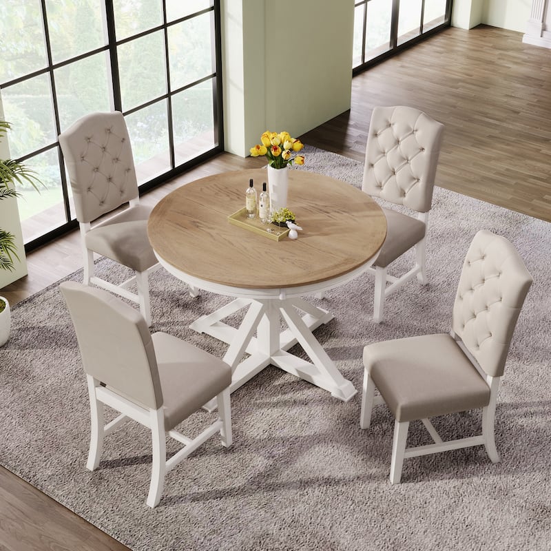 Functional Dining Table Set with Extendable Table and 4 Upholstered Chairs