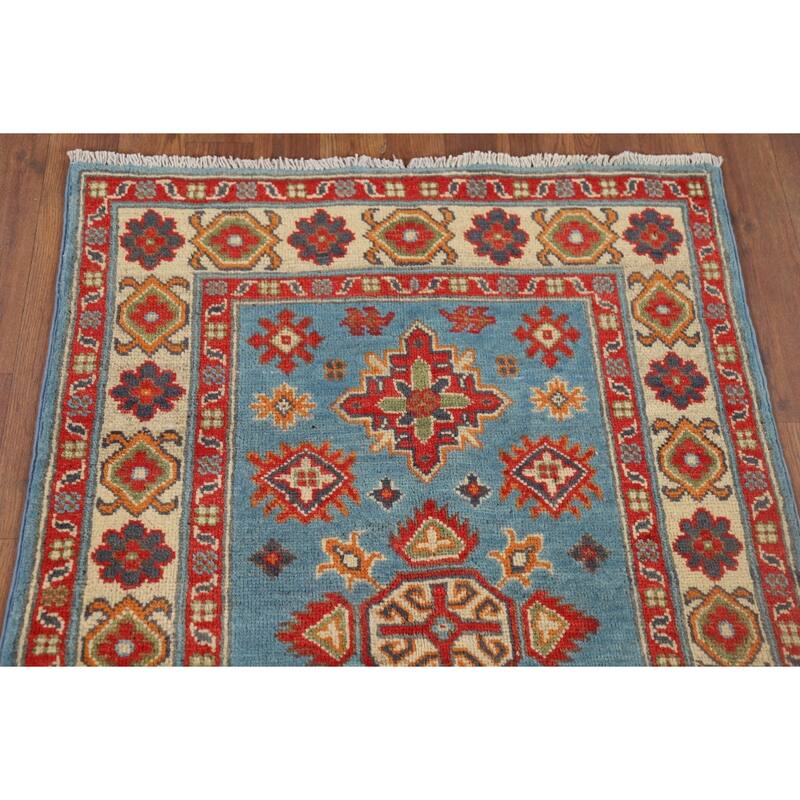 Light Blue Geometric Kazak Rug Hand-Knotted Oriental Wool Carpet - 2'8" x 3'11"