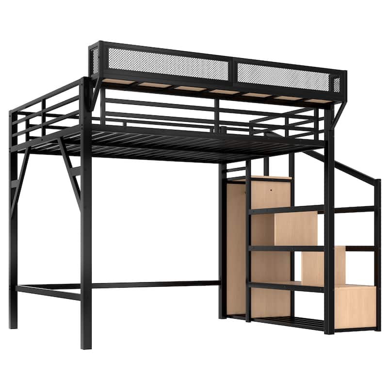 Queen Loft Bed with Storage Stairs, Shelves and Built-in Wardrobe, Metal Loft Bed Frame with USB Ports and LED Lights