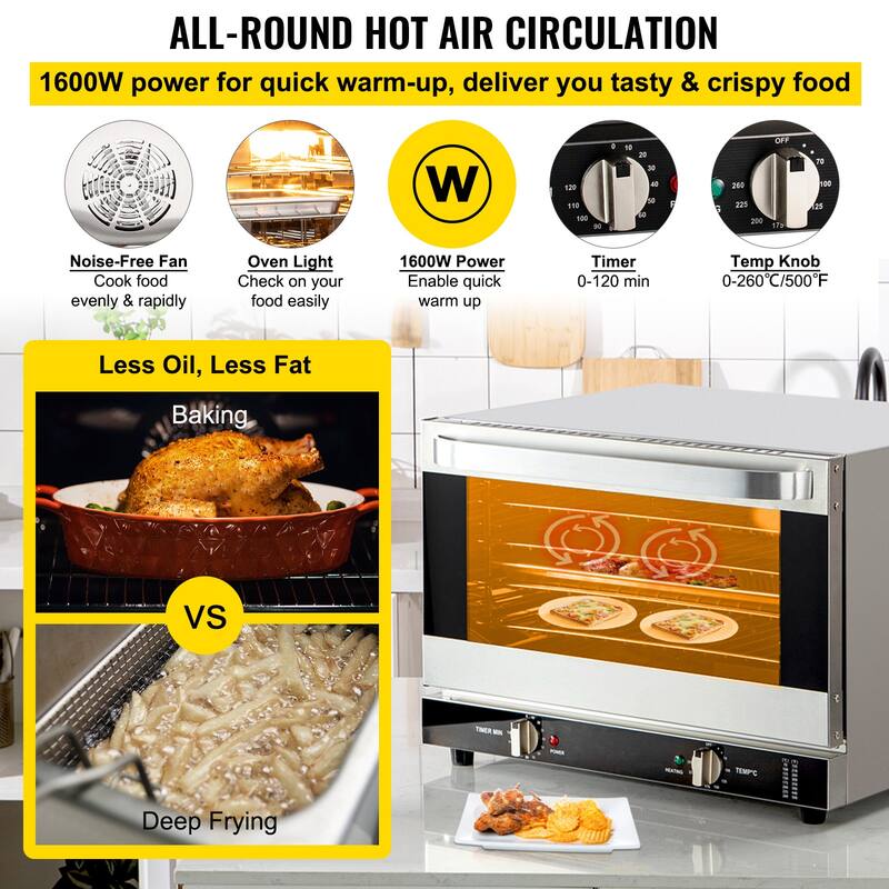 Commercial Convection Oven with Front Glass Door, Electric Baking Oven with Trays Wire Racks Clip Gloves - 47L/43Qt