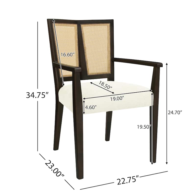 2-Piece Mid-Century Dining Chair Set, Rattan Backrest Accent Chairs Modern Upholstered Armchairs with Wooden Frame