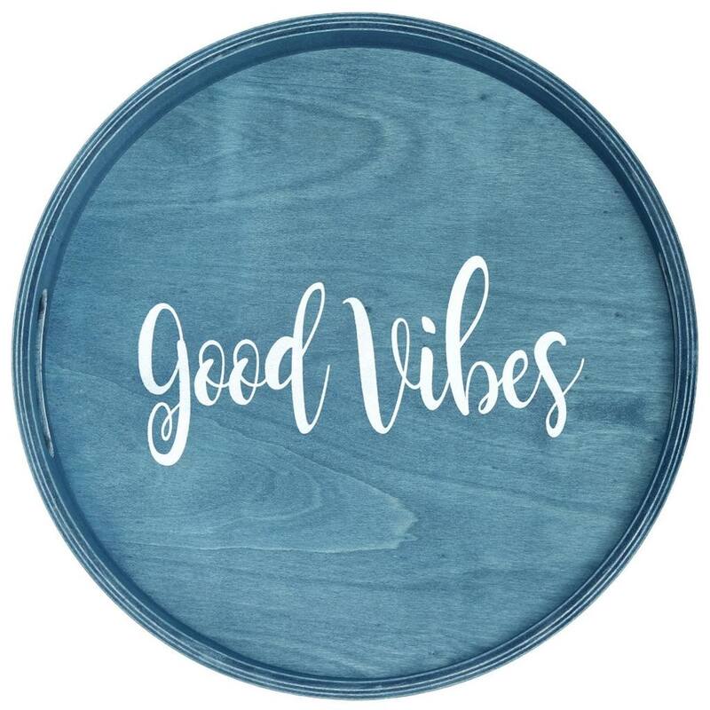 HomeRoots 14" Teal Blue And White Good Vibes Round Serving Tray With Handles - 13.75 in. x 1.65 in. x 13.75 in.