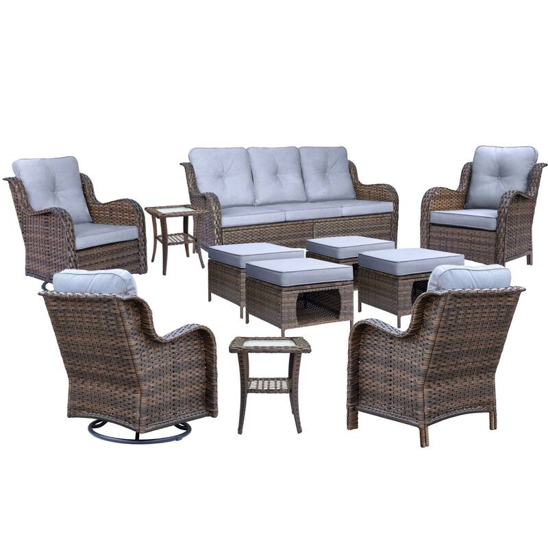11 Piece Outdoor Wicker Patio Conversation Furniture Swivel Chairs Set