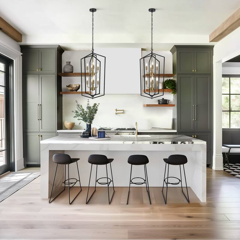 Modern 8-Light Geometric Chandelier Black Copper Lantern Pendant for Kitchen Dining Room - 17.7 " × 14.3 " × 34.3 "