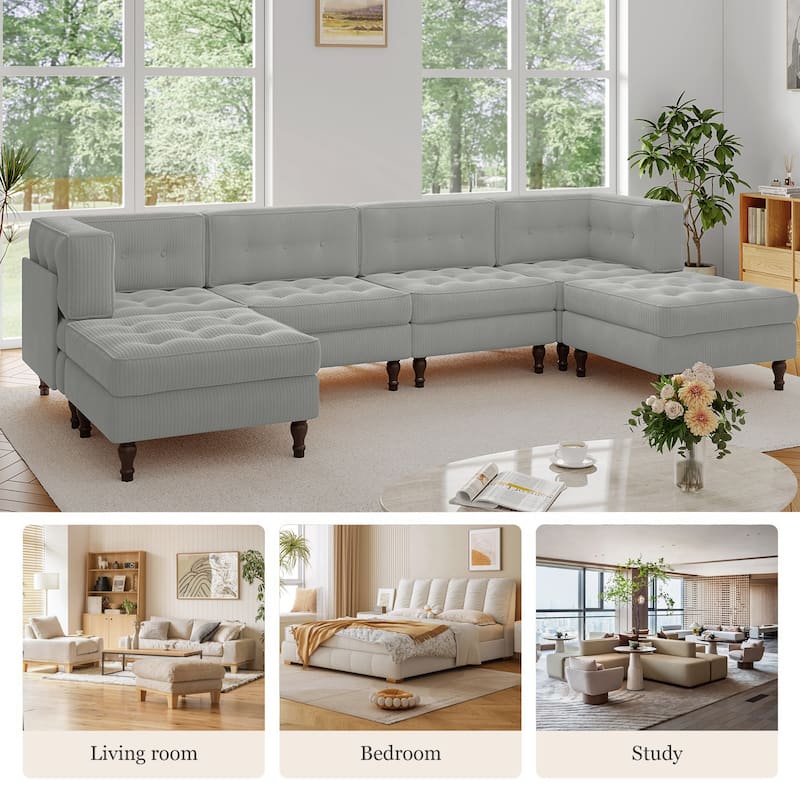 130"W Corduroy Upholstered Modular Sectional Sofa with Storage Ottoman