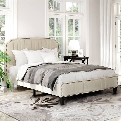 Merax Modern Linen Curved Upholstered Platform Bed with Solid Wood Frame & Nailhead Trim
