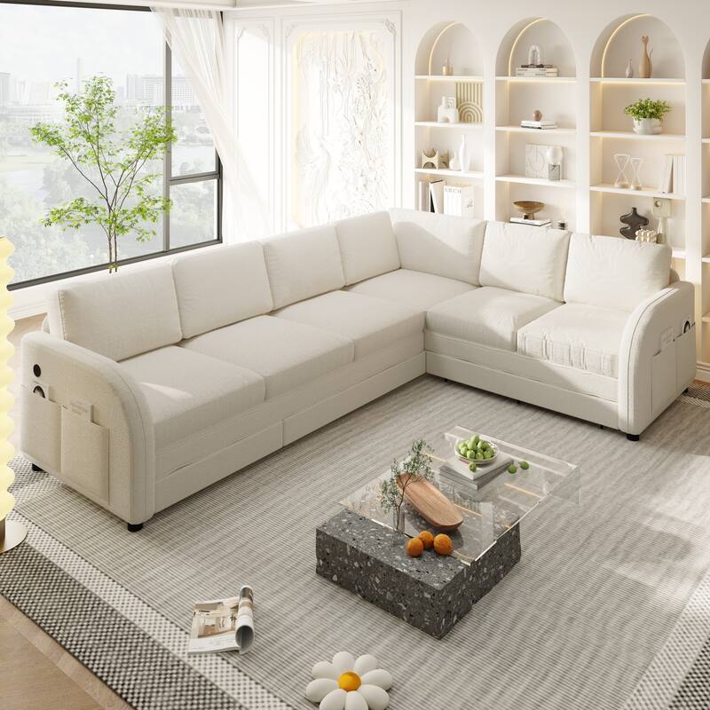 Sectional Sleeper Sofa with Pull Out Bed, Convertible Teddy Fabric Couch with Side Pockets & USB Ports, L Shaped Modular Couches