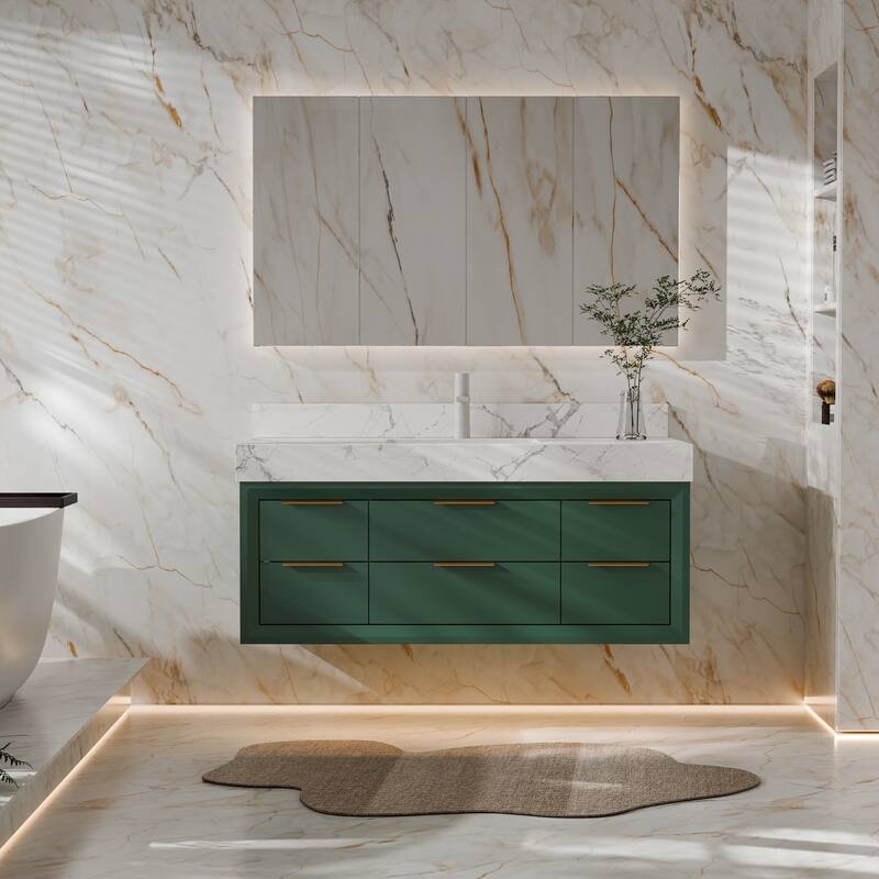 Modland 48" Modern Floating Bathroom Vanity with Single Sink, Soft-Close Drawers, White Stone Countertop