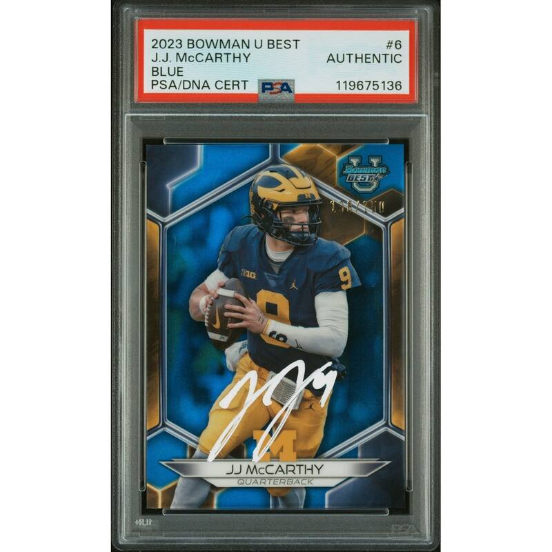 J.J. McCarthy 2023 Bowman U Best Blue Signed Football Rookie Card #6 Auto PSA Authentic 138/150 Cert # 119675136 JJ - 8' x 11'
