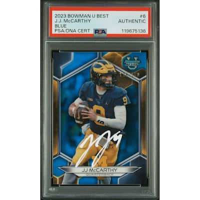 J.J. McCarthy 2023 Bowman U Best Blue Signed Football Rookie Card #6 Auto PSA Authentic 138/150 Cert # 119675136 JJ - 8' x 11'