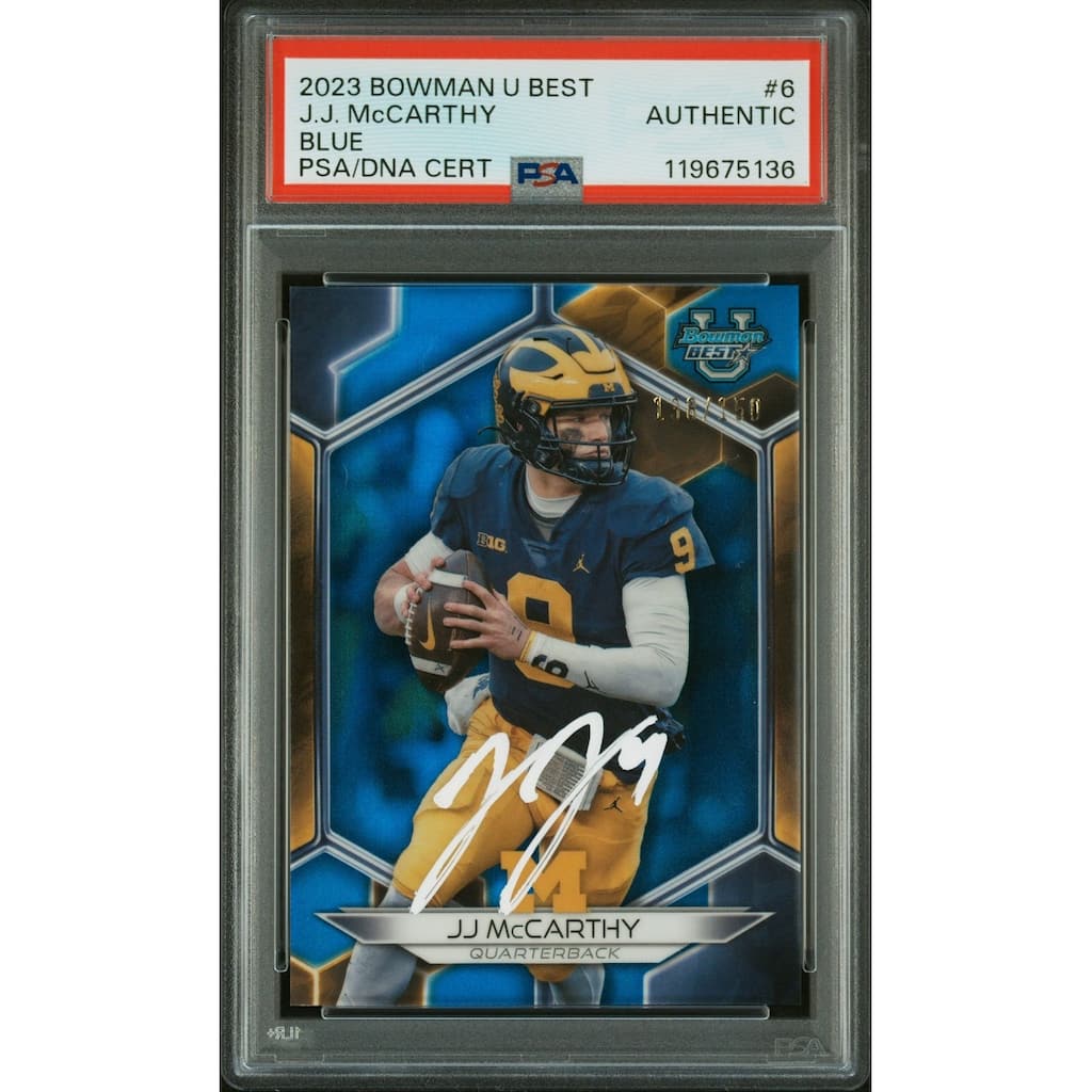 J.J. McCarthy 2023 Bowman U Best Blue Signed Football Rookie Card #6 Auto PSA Authentic 138/150 Cert # 119675136 JJ - 8' x 11'