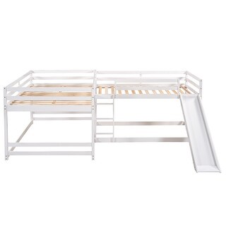 White Full and Twin Size L-Shaped Bunk Bed with Slide and Short Ladder, 134''L*79.5''W*50.7''H, 185LBS