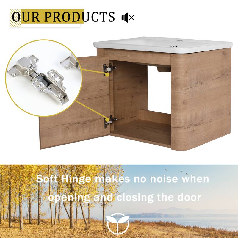 24'' Wall-Mounted Bathroom Vanity with White Ceramic Sink & 1-Soft-Close Door, KD-Packing, Plywood