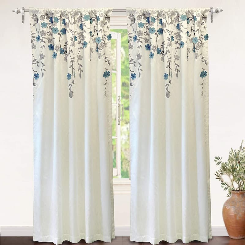 Porch & Den Oneida Floral Embroidered Faux Silk Window Curtain Panel - 50"Wx108"L-Single - ivory/ blue