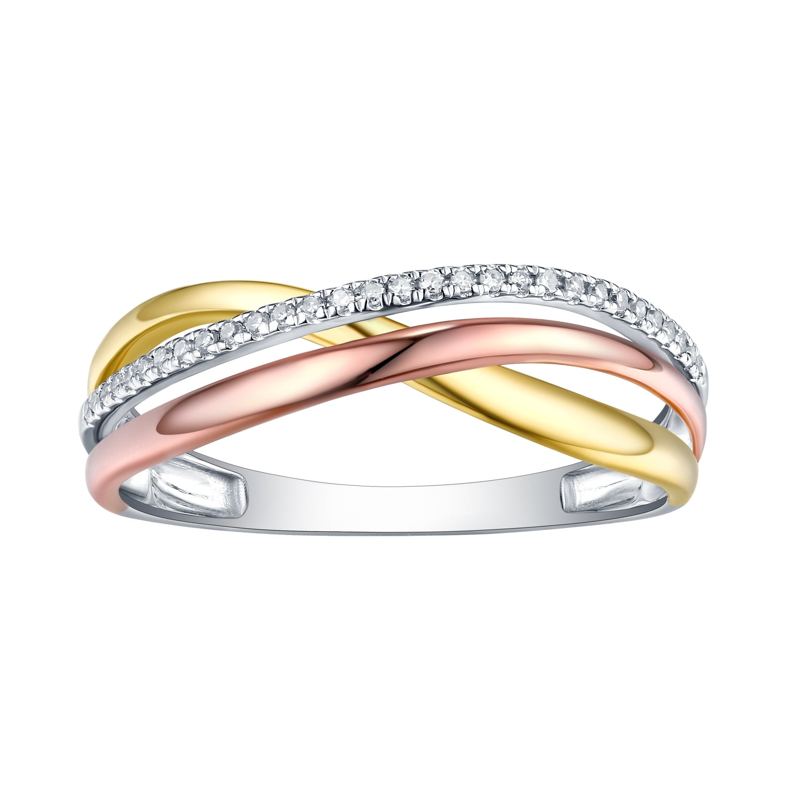 10k Tri Color Gold Prism Jewel Natural G-H//I1 Round Diamond Criss Cross Ring