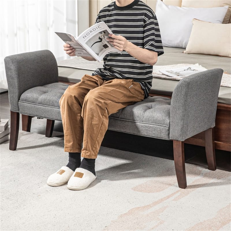 Linen Upholstered Storage Bench with Button Tufted Cushion for Entryway Bedroom or Living Room Use - 55" W x 17.25" D x 25.5" H