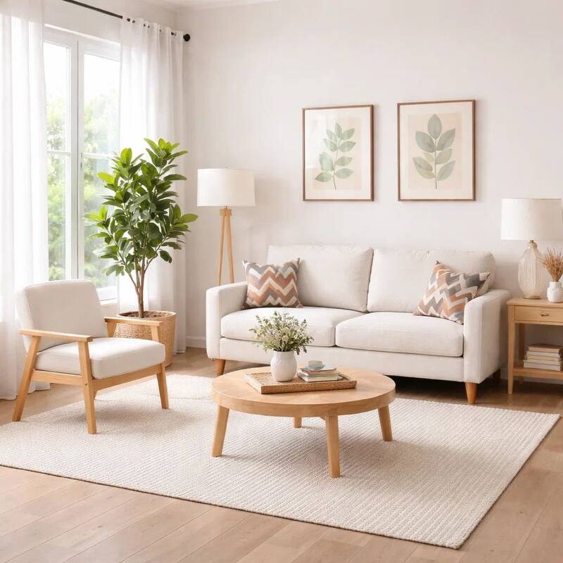 Gala 2 Piece Sofa and Chair Set, Ivory Fabric, 2 Pillows, Brown Wood Frame