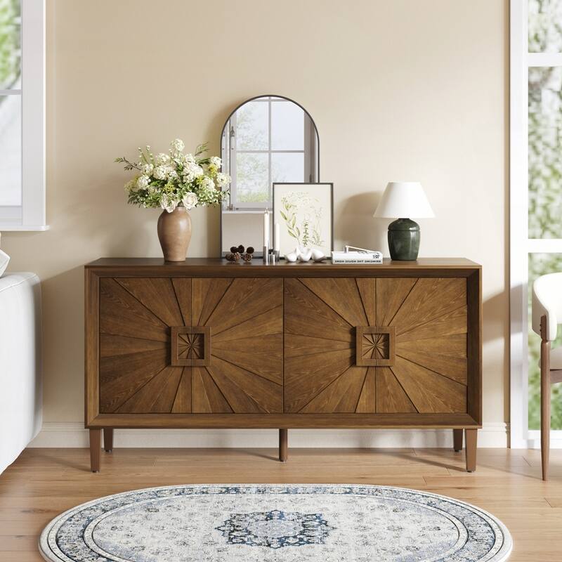 Carved Flower Door Large Storage Cabinet With Metal Handle