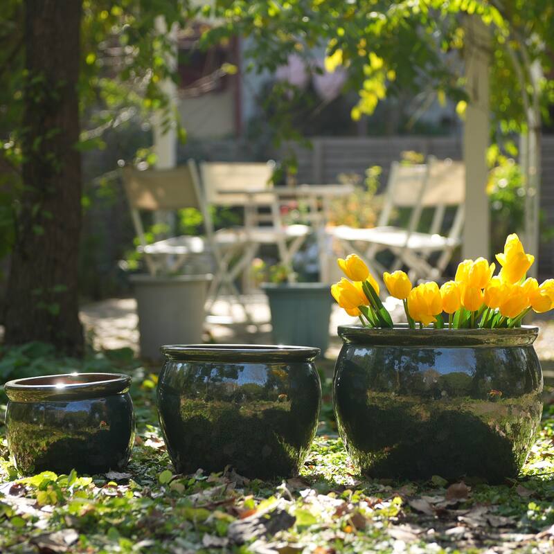 Handmade Glazed Ceramic Planter Set of 3, 15/12/9 Inch Diameter, Solid Glossy Finish