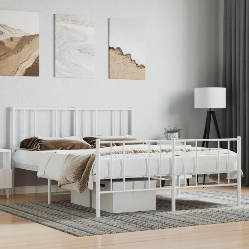 vidaXL Metal Bed Frame with Headboard, No Mattress - White 81.5" x 61.4" x 35.4" - Queen