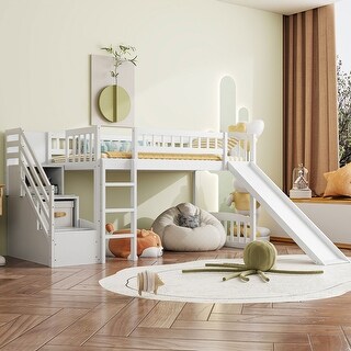 Twin Size Loft Bed with Slide, Storage Staircase and Safety Guardrails