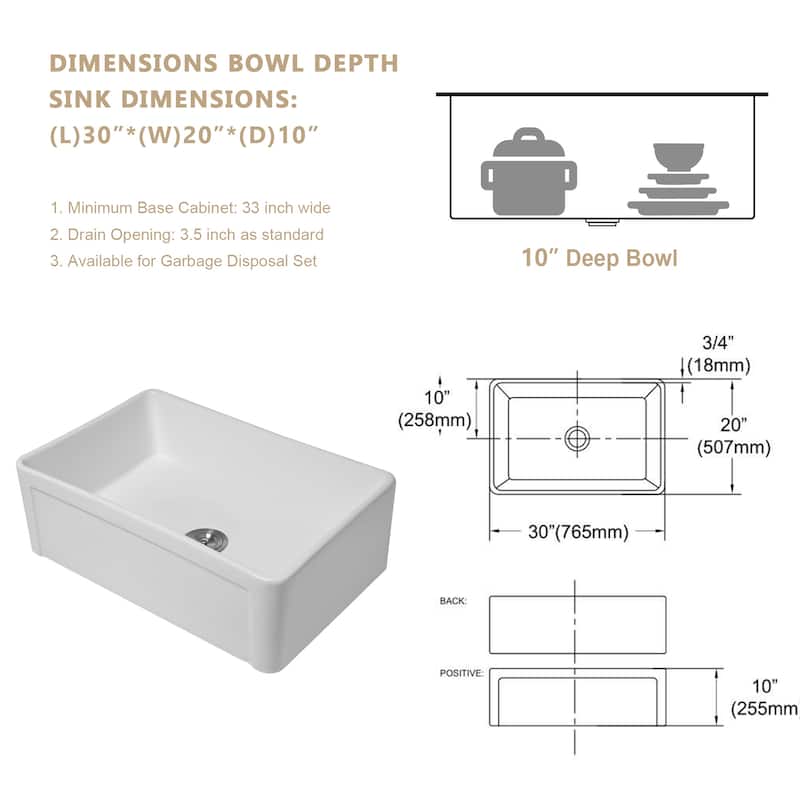 Kichae 30 Inch Ceramic Sink Farmhouse White Apron Front Kitchen Sink - 30 in.W x 20 in.D x 10 in.H