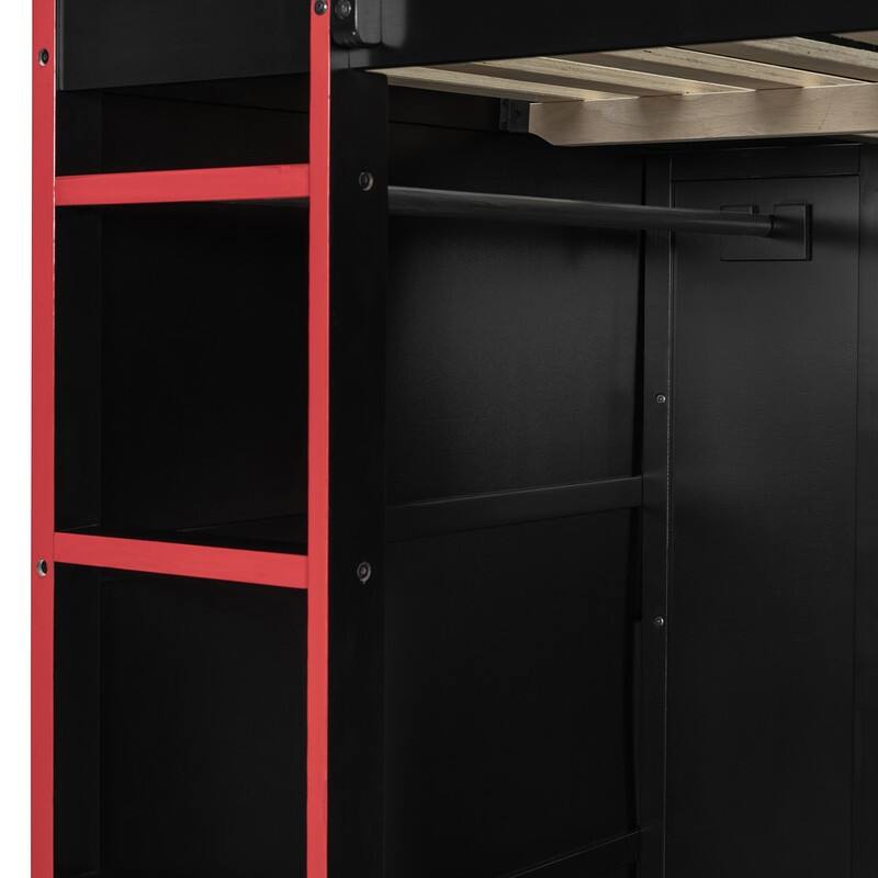 Full Size Versatile Loft Bed w/ Built-in Desk w/ Charging Station, Wood Storage Gaming Bed Frame w/ Wardrobe and Drawer