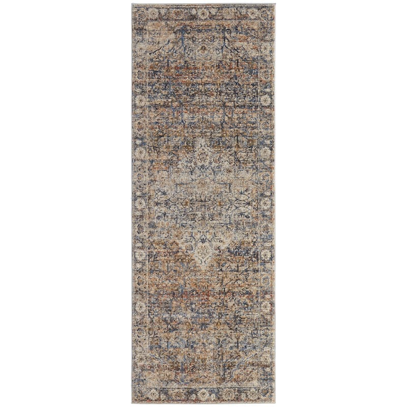 Grand Bazaar Frencess Machine Made Medallion Transitional Area Rug - 2'6" x 12' - Tan/Orange/Blue
