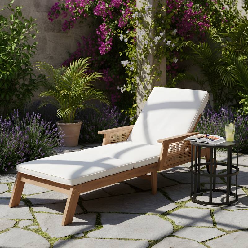 Christopher Knight Home - Soli Outdoor Acacia Wood 3-Position Adjustable Chaise Lounge Set with 19.29" H Ceramic Tile Side Table