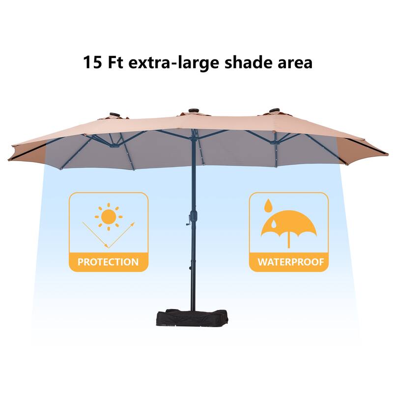 Clihome 15FT Double-Sided Solar Light Market Crank Umbrella with Base
