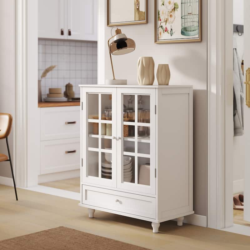 Anmytek Modern White Buffet Cabinet with Glass Doors and Drawer Wooden Storage Sideboard for Dining Room