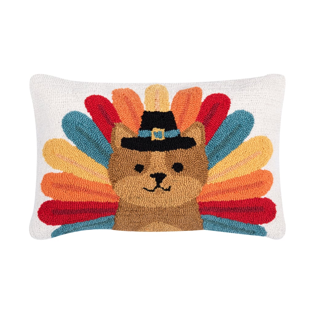 Turkey Cat Hooked Pillow