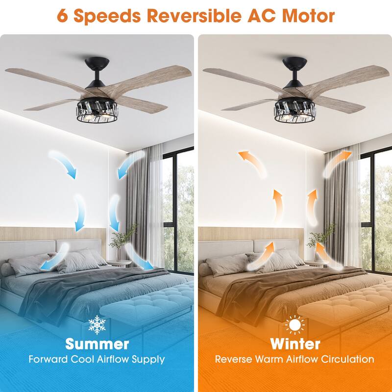 52" Farmhouse ABS 4-Blade Indoor Crystal Ceiling Fan with Remote