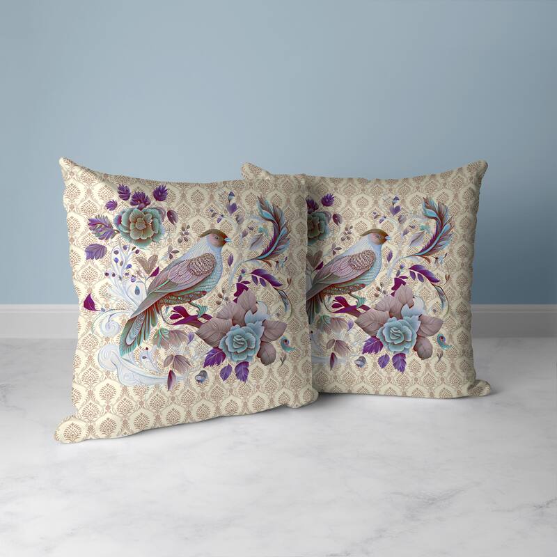 Beige And Multi Songbird Rose Radiance Faux Suede Throw Pillow Zipper