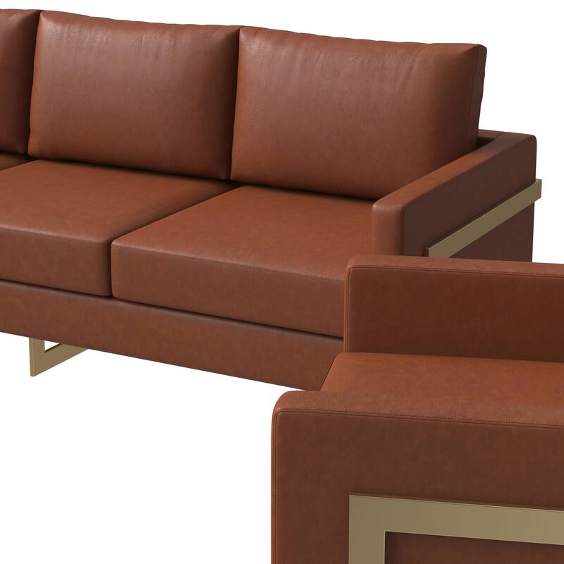3-Piece Leather Sofa Set with Gold Stainless Steel Base and Removable Cushions