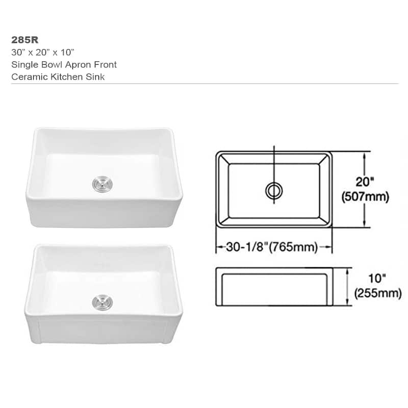 YASINU White Porcelain Farmhouse Apron Kitchen Sink - 30" W x 20" D