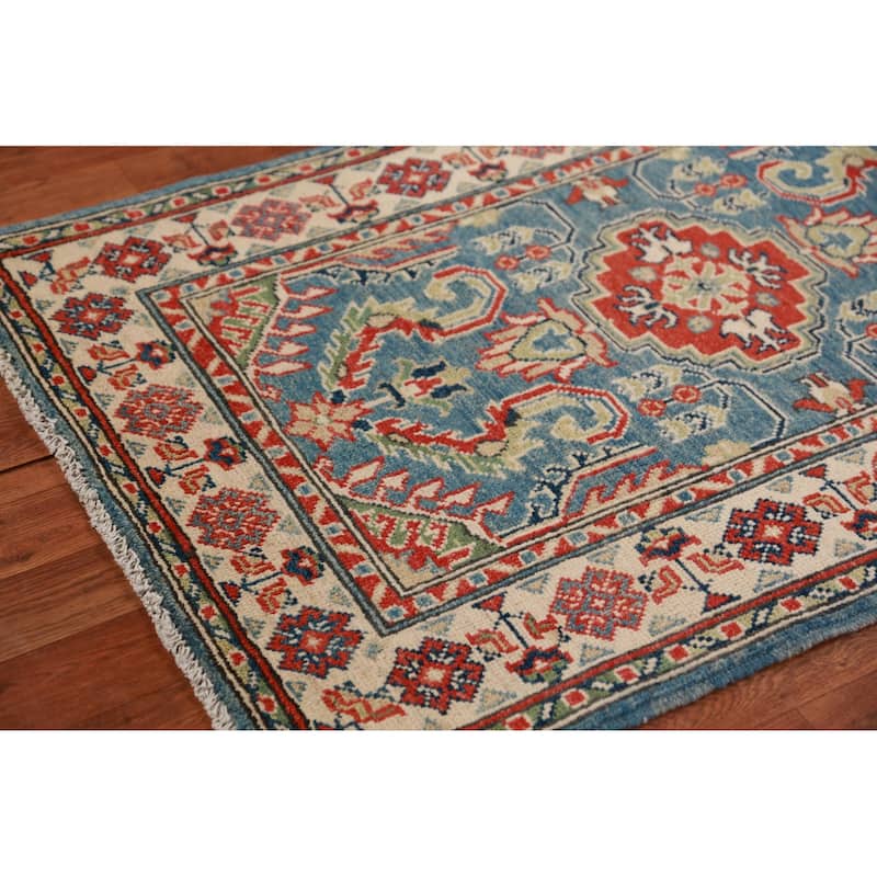 Blue Geometric Kazak Oriental Foyer Rug Handmade Wool Carpet - 2'9"x 4'11"