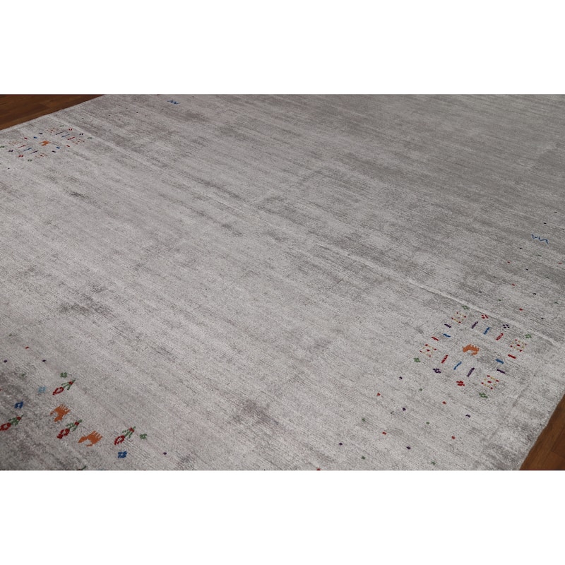 Hand Knotted Oriental Viscose Silk Carpet Tribal Animal Pictorial Greys & Charcoal Gabbeh Area Rug - 11' 6'' X 7' 11''