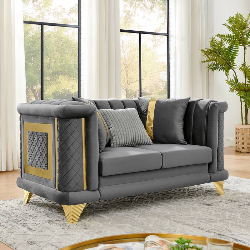 69 Inches Gray Velvet Loveseat with Gold Stainless Steel Trims and Embroidered Texture - Multi-Color