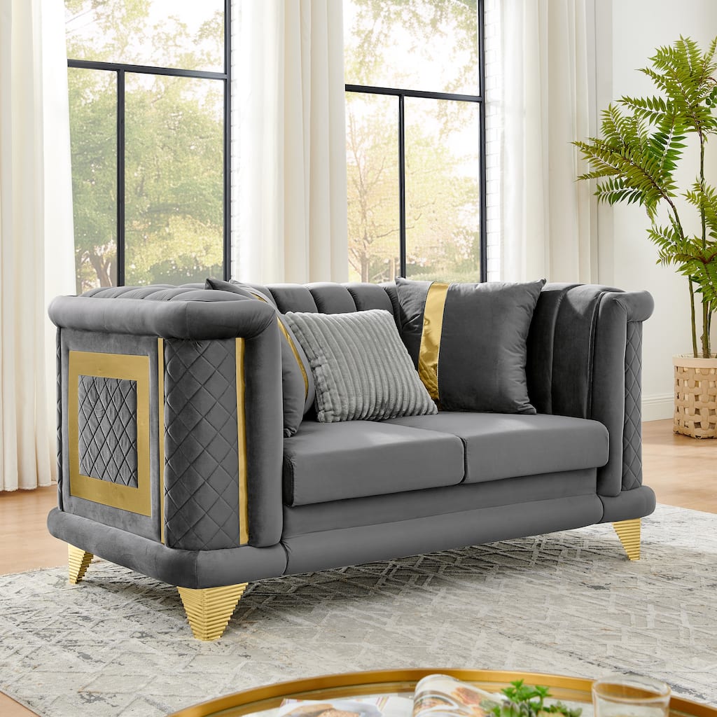 69 Inches Gray Velvet Loveseat with Gold Stainless Steel Trims and Embroidered Texture