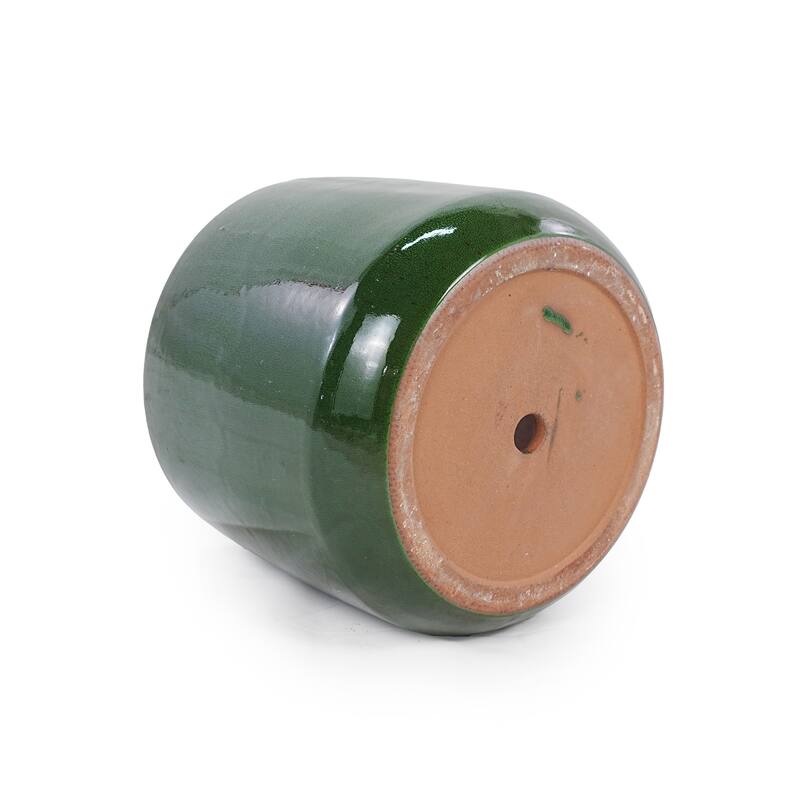 Antique Green Ceramic Planter Set of 4 - 13.8" Square Modern Plant Pots with Drainage & Stripes