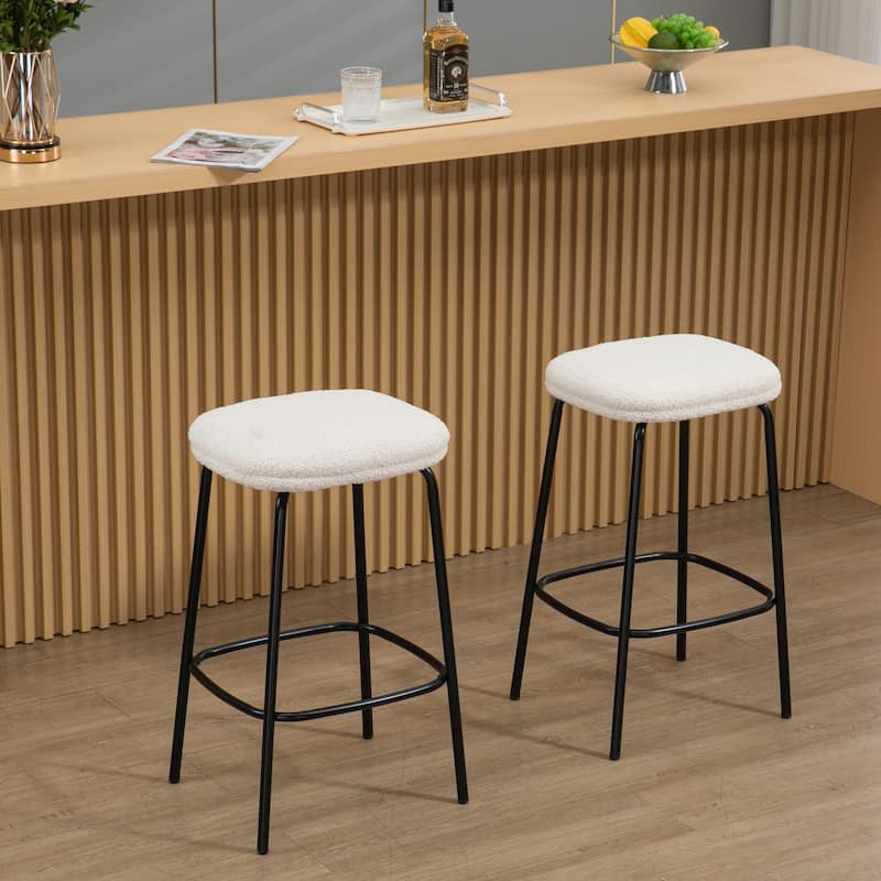 Set of 2 Ayana White Boucle Backless Counter Stool with Black Iron Legs