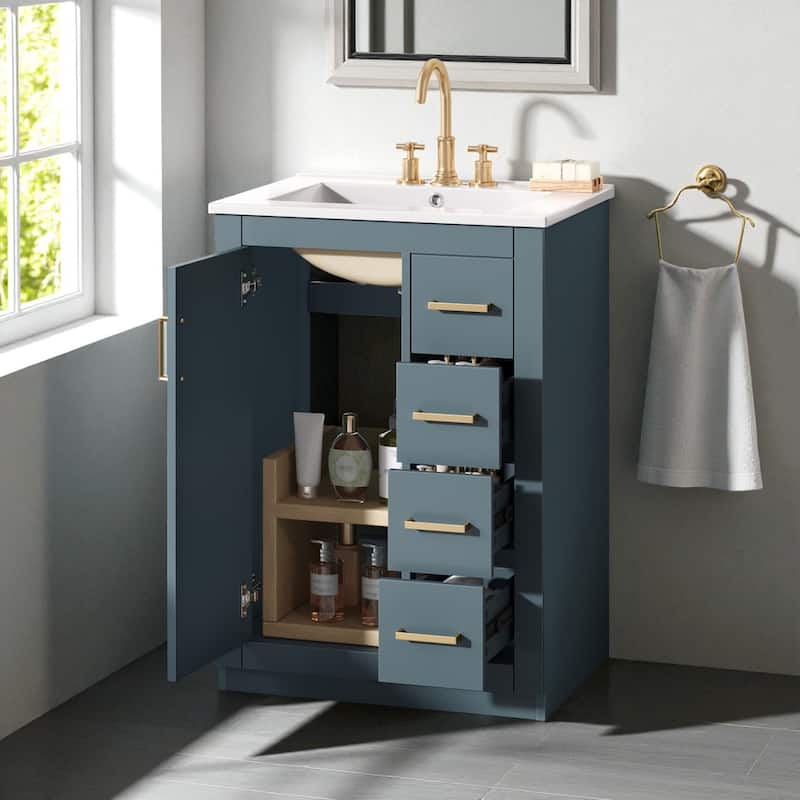 24-Inch Bathroom Vanity with Sink, Modern Solid Wood and MDF Cabinet with 1 Door and 3 Drawers for Small Bathroom