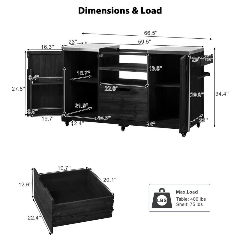 Outdoor Kitchen Island Grill Cart for Big Green Egg Grills with Stainless Steel Top and Storage Racks