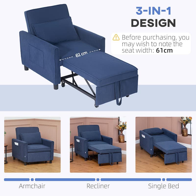 Blue Corduroy Chair Bed 3 in 1 Convertible Recliner Lounge Chair Sofa Bed with Padded Mattress and Pillow