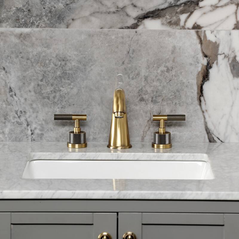 Kingston Brass Convergent Two-Handle 3-Hole Deck Mount Widespread Bathroom Faucet with Knurled Handle and Brass Pop-Up Drain
